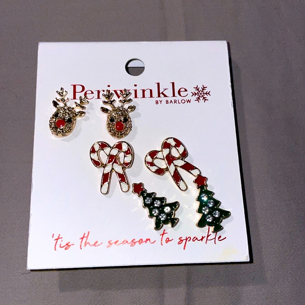 Periwinkle by Barlow, Holiday pierced earrings, Reindeer, Tree, Candy Cane
